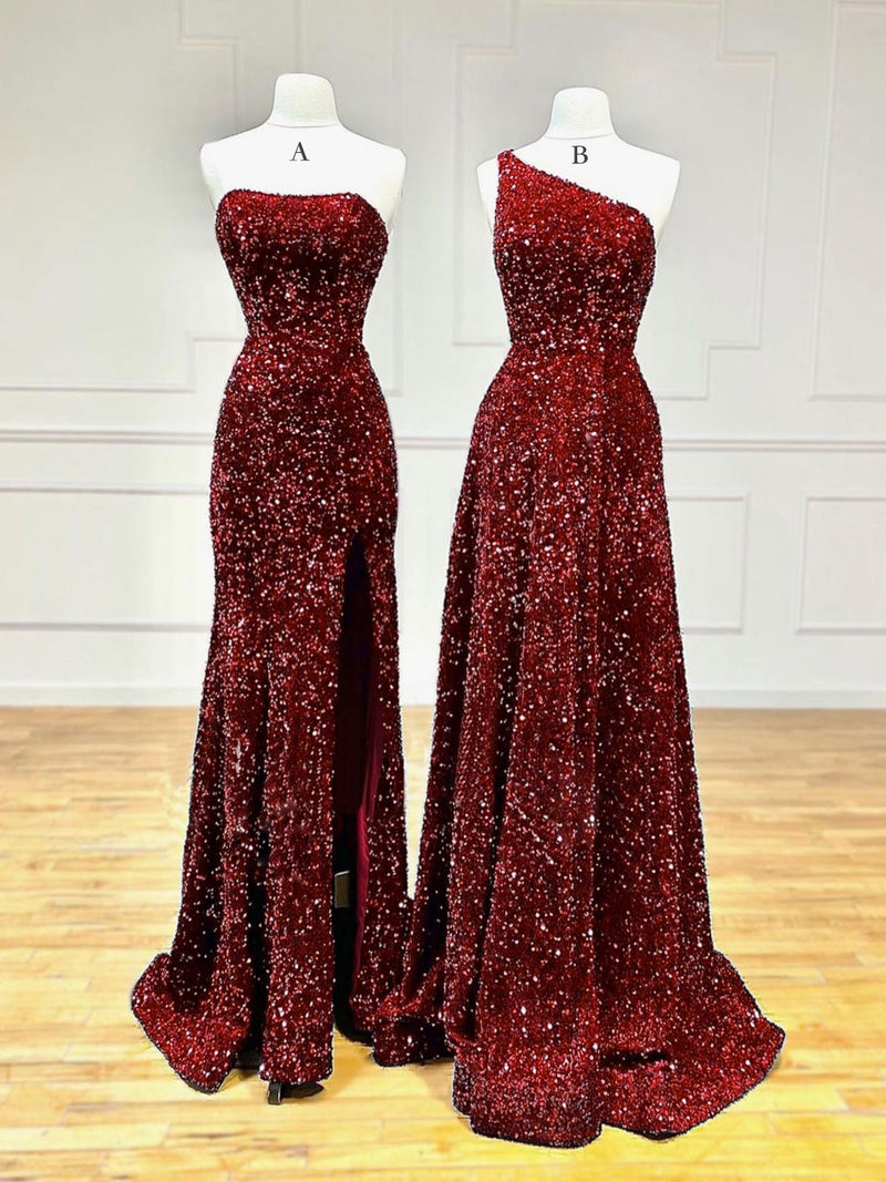 Velvet Sequin Mermaid Burgundy Long Prom Dress, Burgundy Formal Evenin