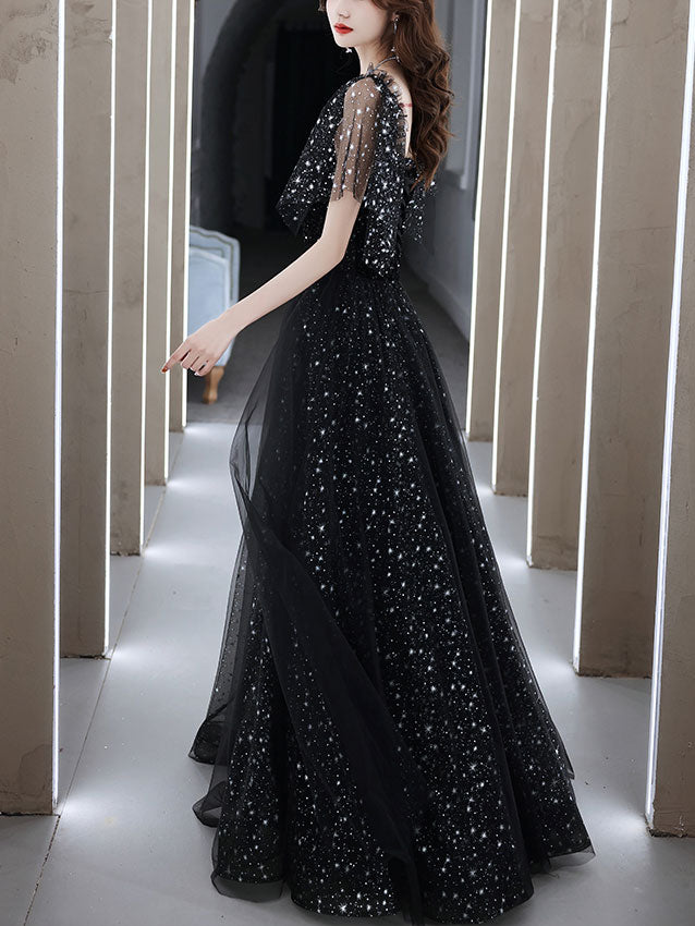 Black Tulle Off Shoulder Tulle Long Prom Dress Black Evening Dress