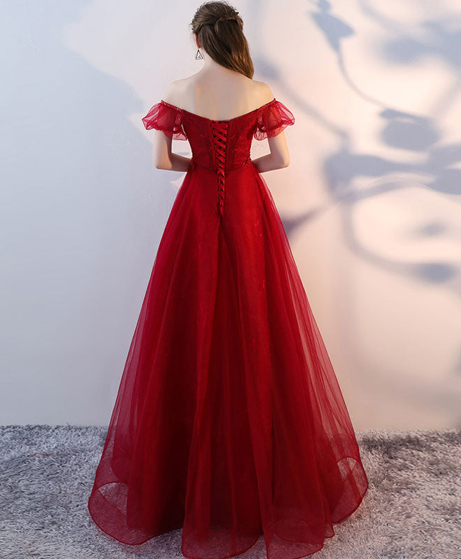 Burgundy Tulle Lace Long Prom Dress, Burgundy Lace Evening Dress