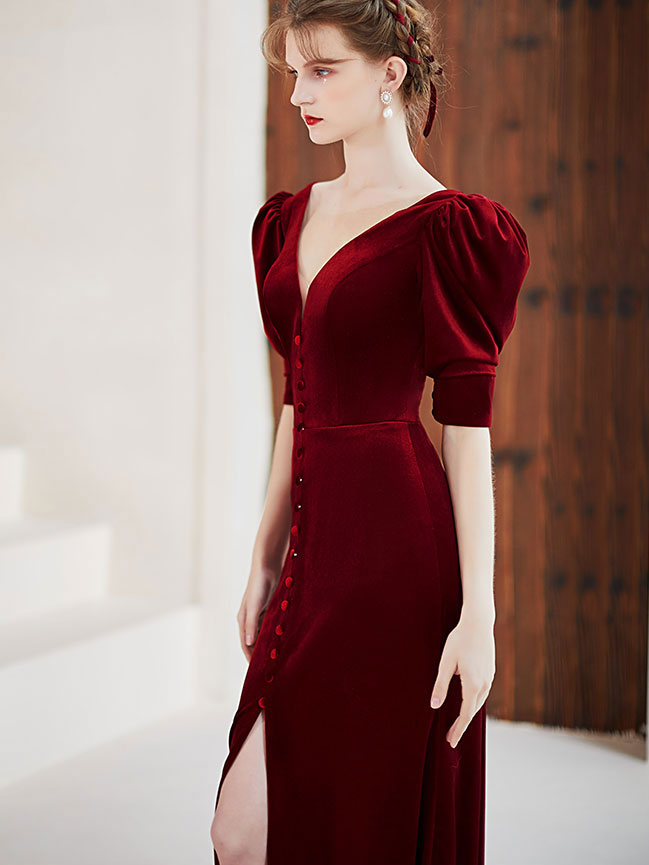 Burgundy velvet mermaid long prom dress, burgundy evening dress