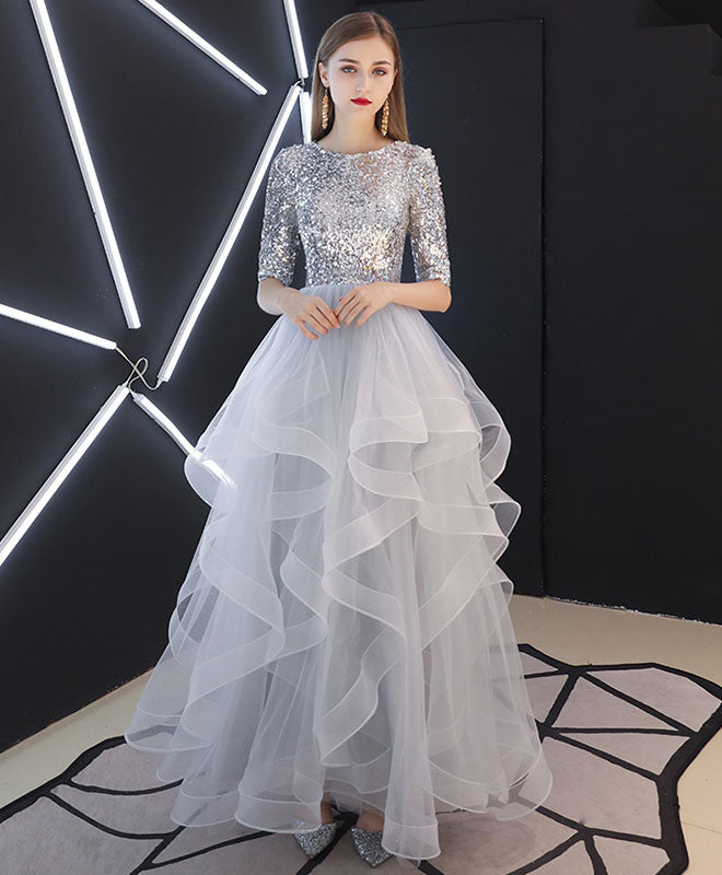 Gray Tulle Sequin Long Prom Dress, Gray Tulle Evening Dress