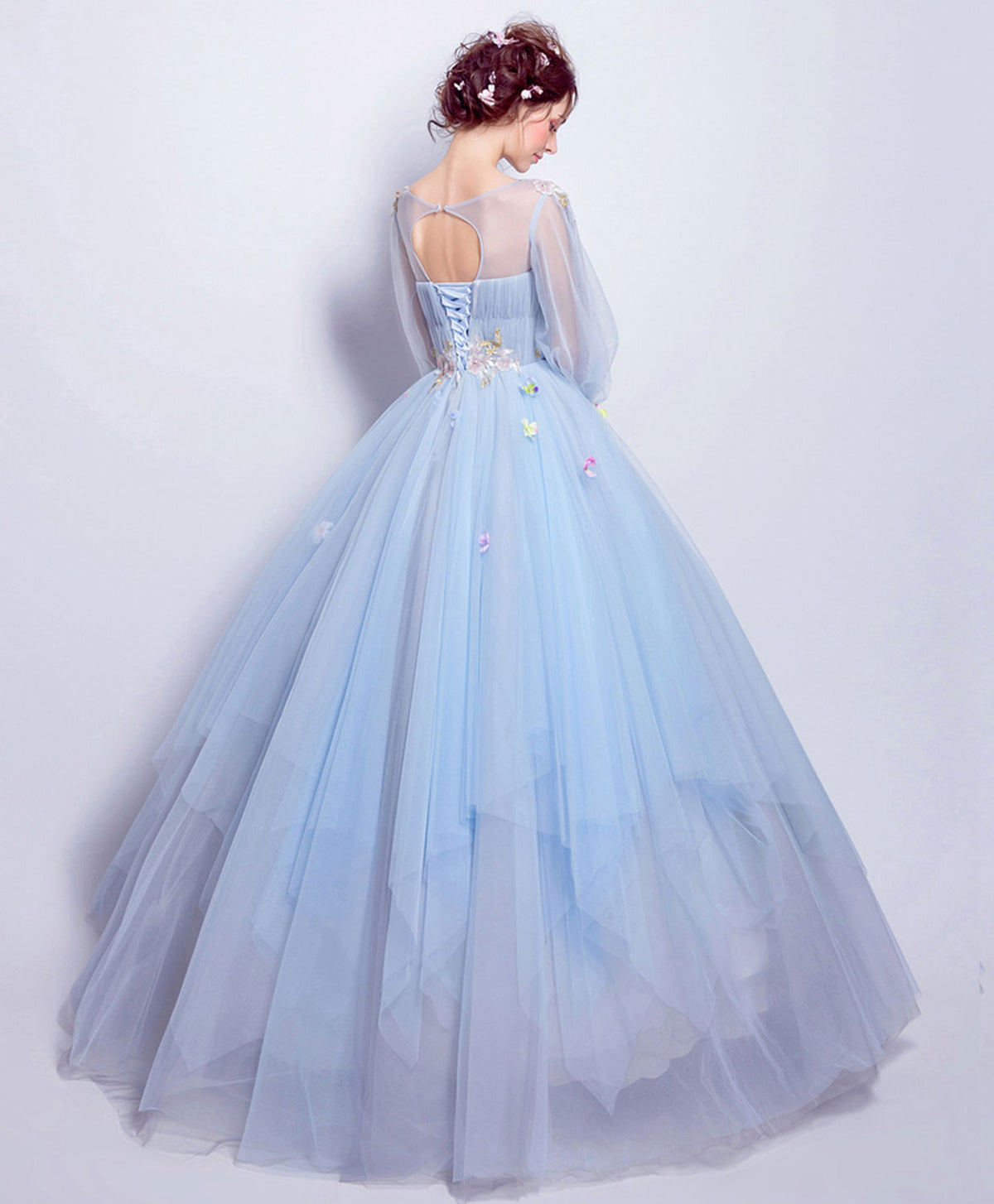 Blue Round Neck Tulle Blue Long Prom Gown, Blue Evening Dress