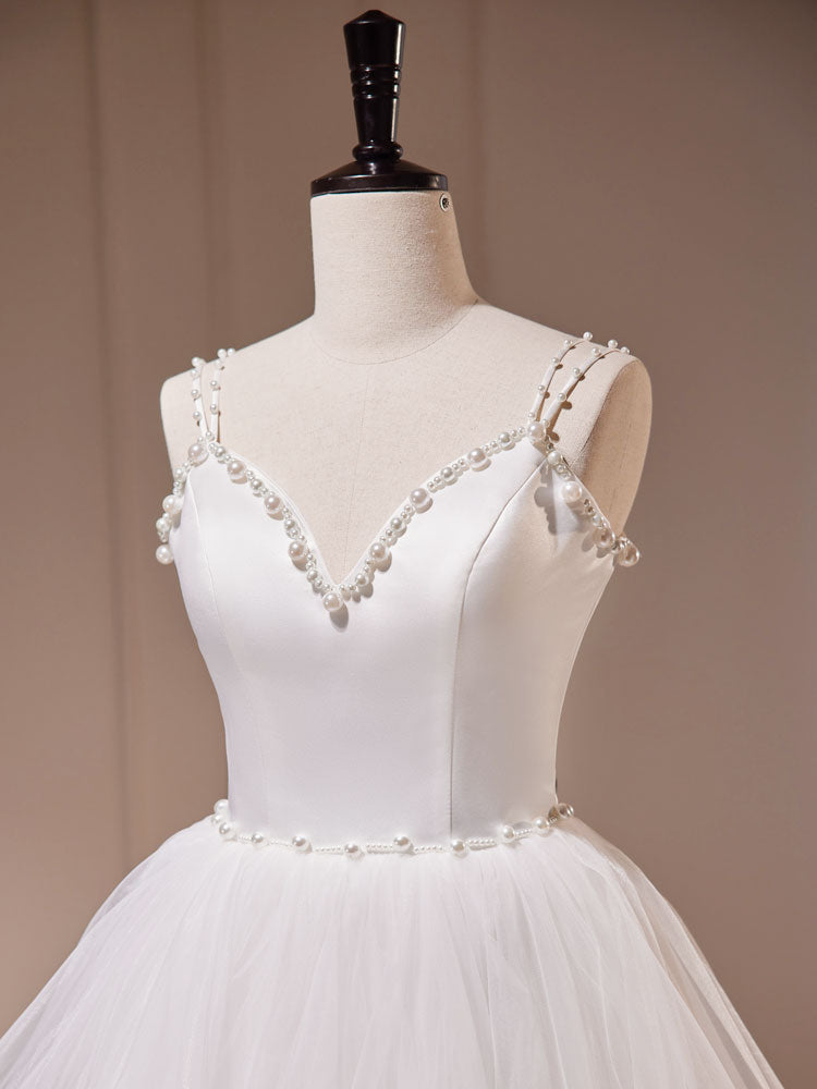 White A-Line Tulle Long Prom Dress, White Tulle Sweet 16 Dresses – shopluu