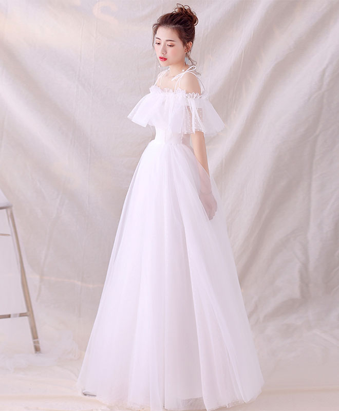 White Tulle Long Prom Dress, White Tulle Lace Evening Dress