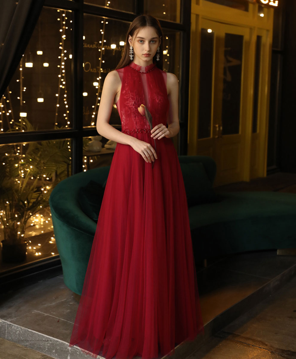 Burgundy High Neck Tulle Lace Long Prom Dress, Burgundy Formal Evening Dress