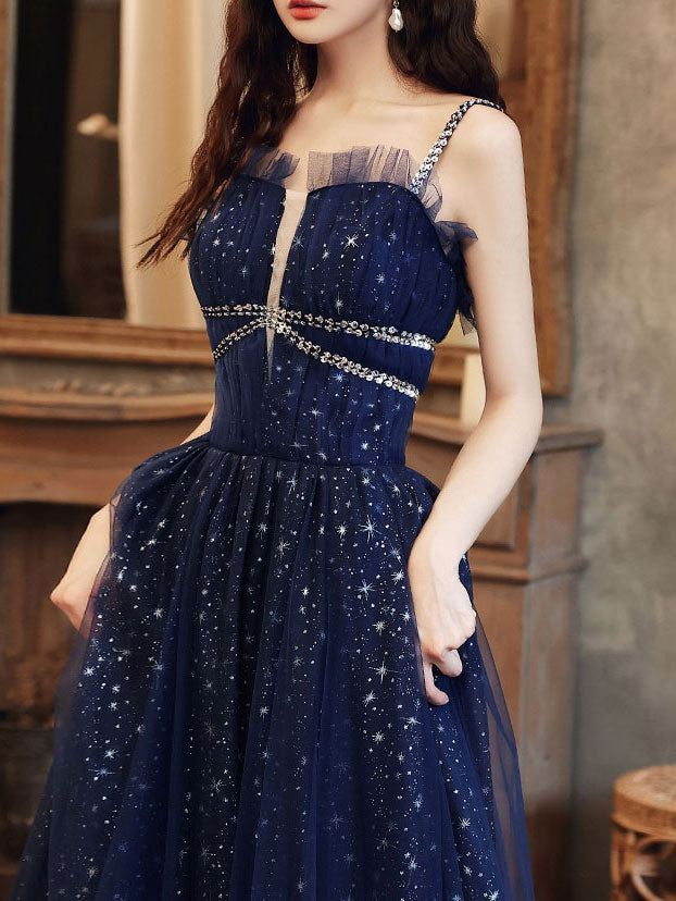 Blue Tulle A line Sequin Long Prom Dress, Blue Tulle Formal Dress shopluu Blue Tulle A line Sequin Long Prom Dress, Blue Tulle Formal Dress shopluu