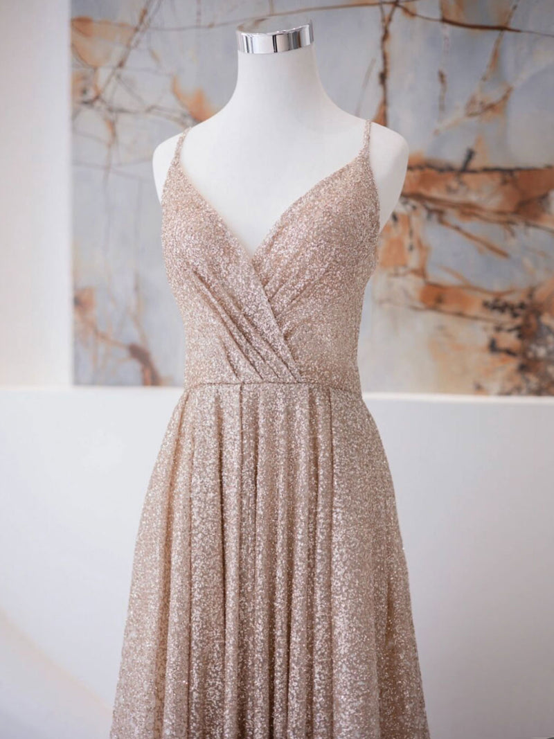 Champagne Spaghetti Strap Sequins Long Prom Dress, Shiny V-Neck Evening Dress US 4 / Custom Color Champagne Spaghetti Strap Sequins Long Prom Dress, Shiny V-Neck Evening Dress US 4 / Custom Color
