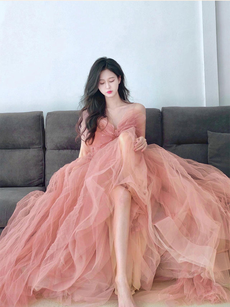 A Line Pink Long Prom Dresses, Tulle Long Formal Graduation Dresses with Sequin Beading US 16 / Custom Color A Line Pink Long Prom Dresses, Tulle Long Formal Graduation Dresses with Sequin Beading US 16 / Custom Color