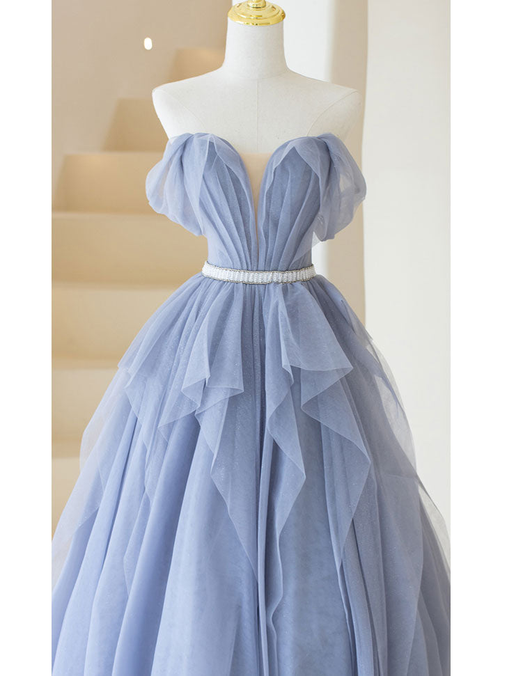 Purple Tulle Off Shoulder Long Prom Dress, Purple Formal Evening Dresses