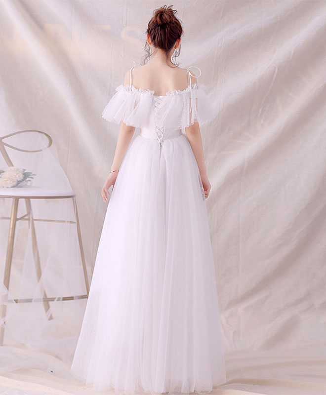 White Tulle Long Prom Dress, White Tulle Lace Evening Dress