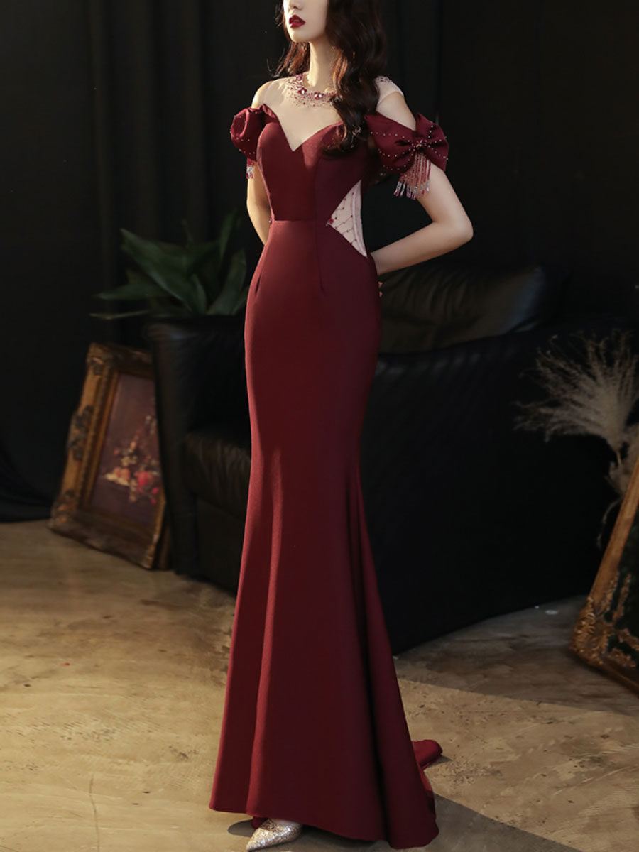 Burgundy Round Neck Satin Mermaid Long Prom Dress Burgundy Formal Dress