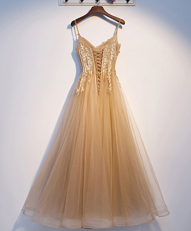Champagne Tulle Lace Long Prom Dress Champagne Evening Dress