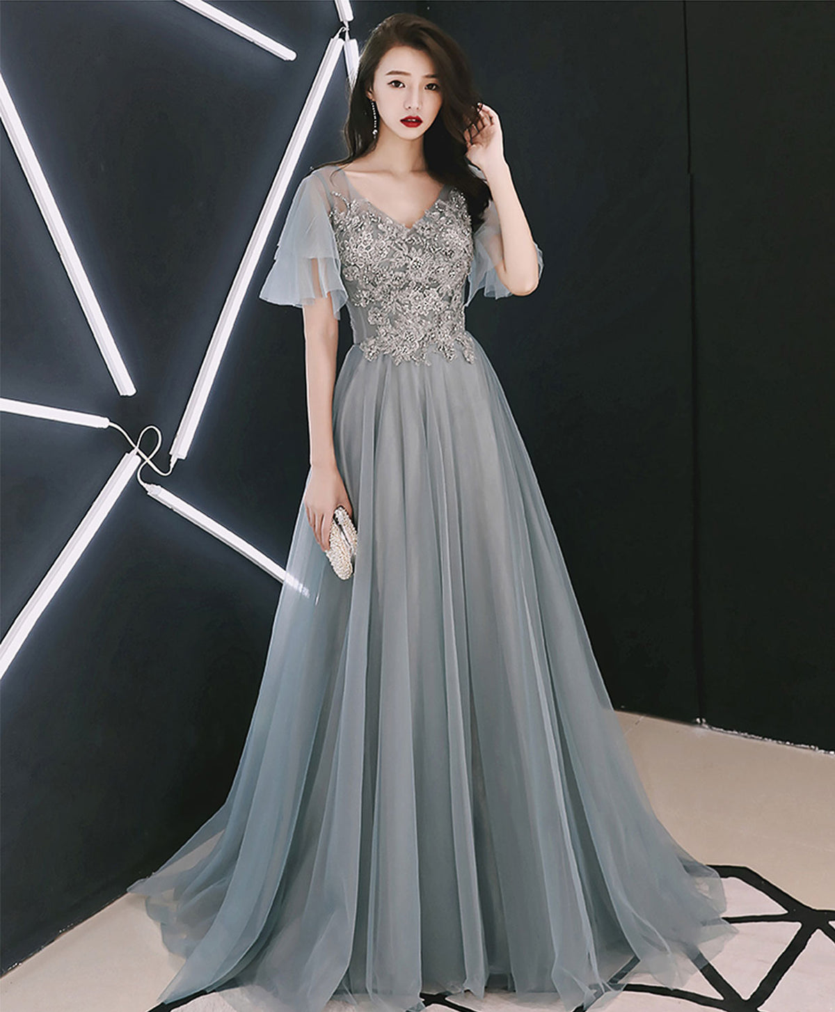Gray V Neck Cap Sleeve Tulle Lace Long Prom Dress, Evening Dress
