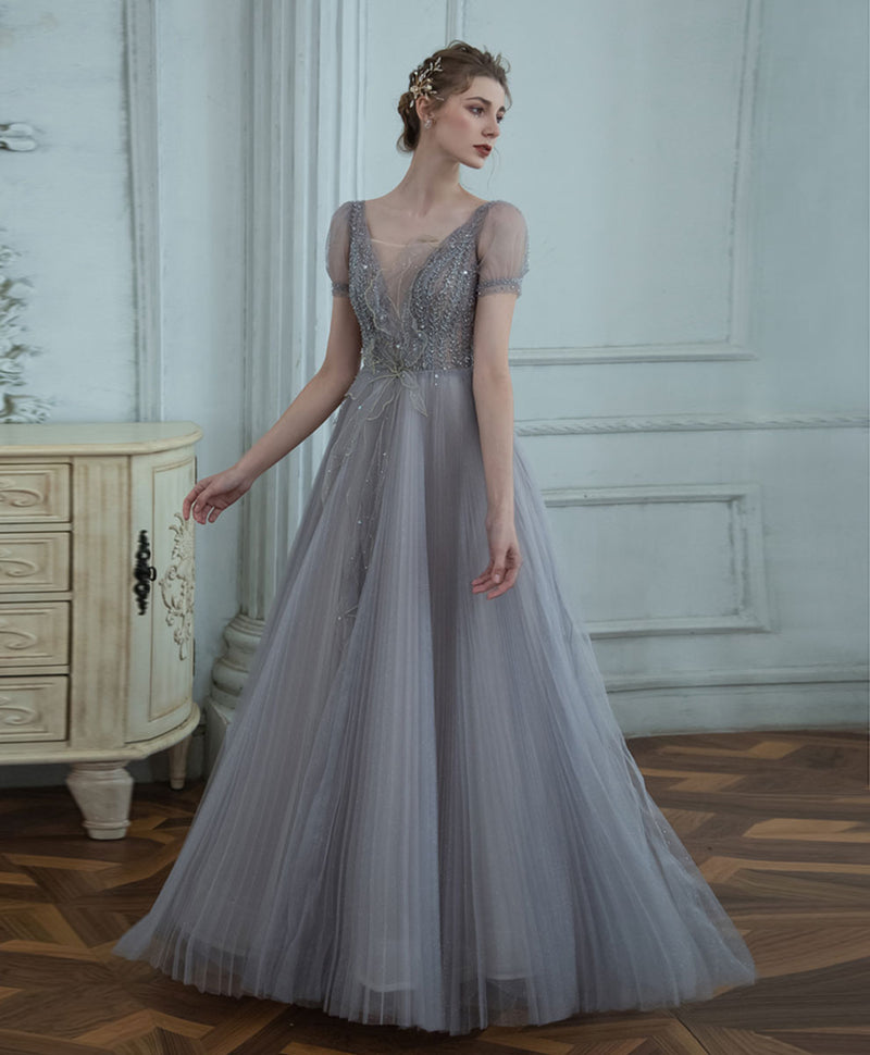 Gray V Neck Tulle Sequin Long Prom Dress, Gray Formal Graduation Dress with Beading US 4 / Gray(As Picture)