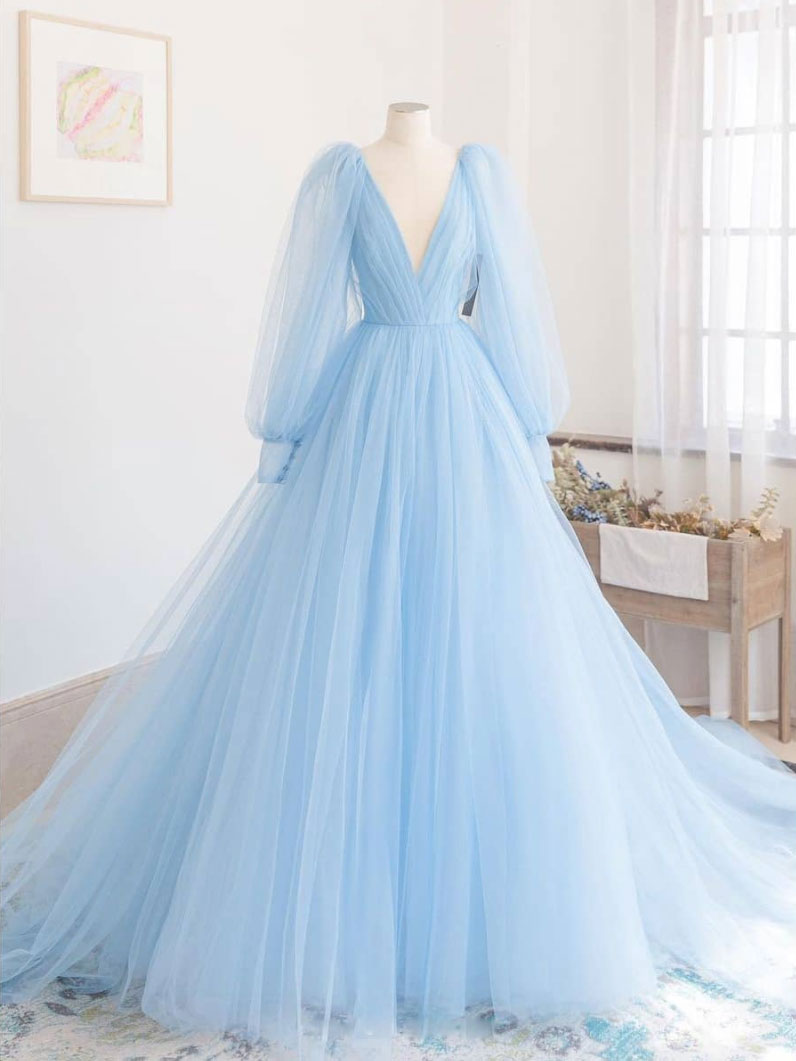 Blue V Neck Tulle Long Prom Dress Blue Tulle Evening Dress