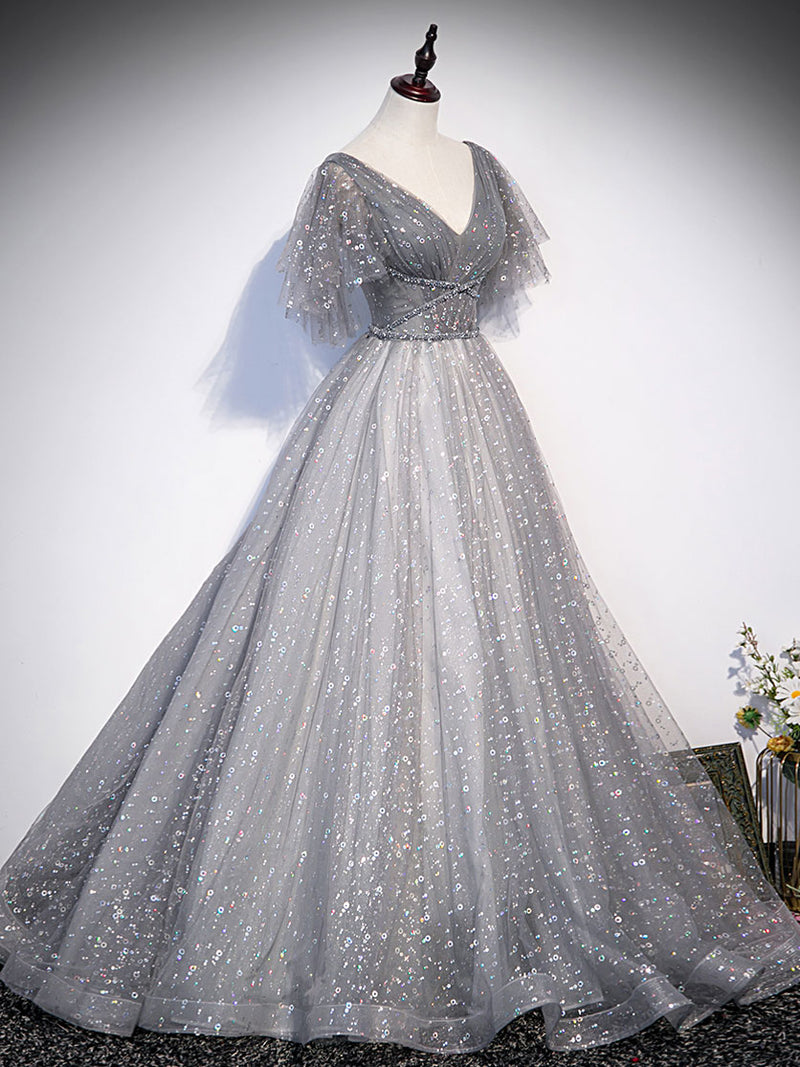 Grey V-Neck Tulle Long Prom Dresses, A-Line Evening Dresses US 4 / Grey Grey V-Neck Tulle Long Prom Dresses, A-Line Evening Dresses US 4 / Grey