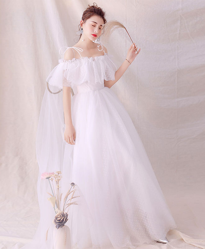 White Tulle Long Prom Dress, White Tulle Lace Evening Dress