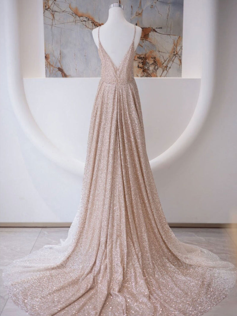 Champagne Spaghetti Strap Sequins Long Prom Dress, Shiny V-Neck Evening Dress US 10 / Picture Color Champagne Spaghetti Strap Sequins Long Prom Dress, Shiny V-Neck Evening Dress US 10 / Picture Color
