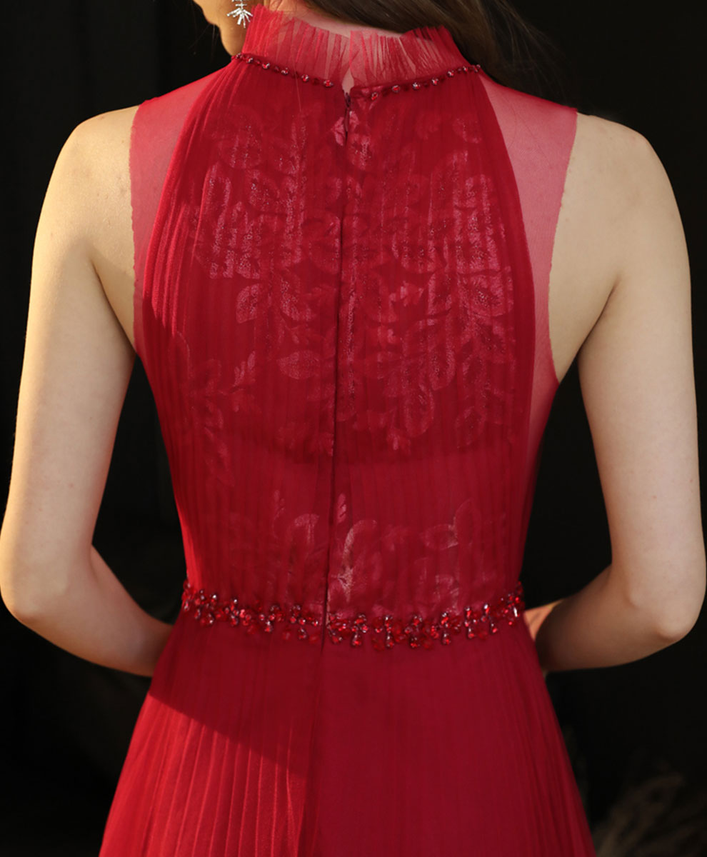 Burgundy High Neck Tulle Lace Long Prom Dress, Burgundy Formal Evening Dress