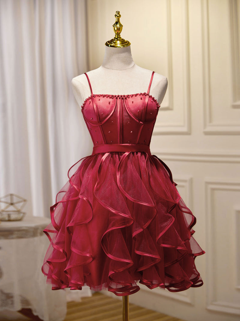 Red Puffy Cocktail Dresses Mini/Short Burgundy Prom Dress, Puffy