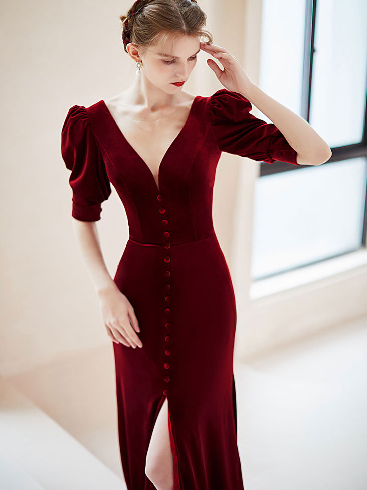 Burgundy velvet mermaid long prom dress, burgundy evening dress