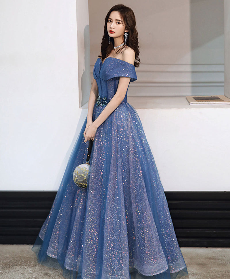 Blue Tulle Off Shoulder Long Prom Dress, Shiny Blue Formal Evening Dress US 16 / Custom Color Blue Tulle Off Shoulder Long Prom Dress, Shiny Blue Formal Evening Dress US 16 / Custom Color