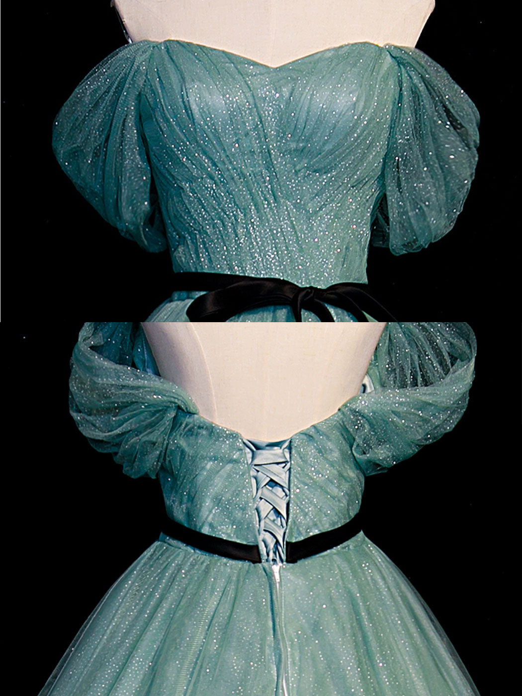 Green A line Tulle Sequin Long Prom Dress, Green Tulle Graduation Dress