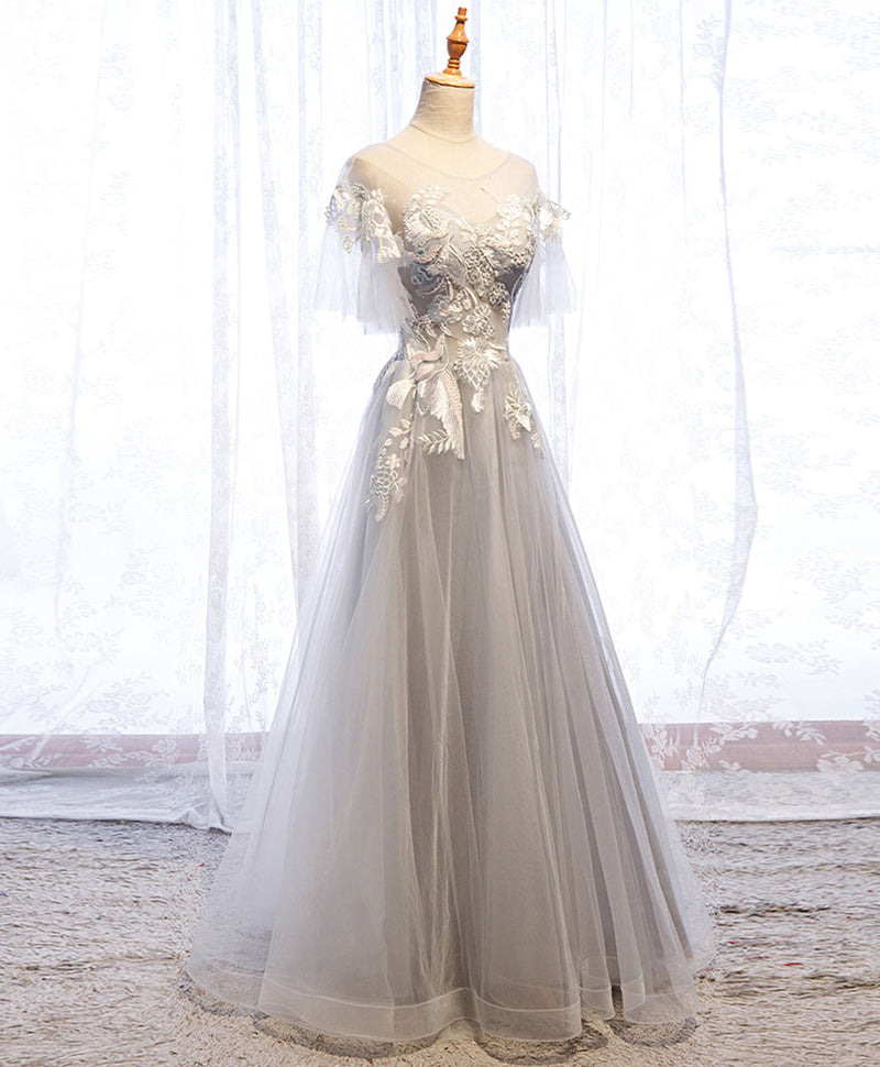Gray Aline Lace Long Prom Dress, Gray Tulle Lace Formal Graduation Dre shopluu Gray Aline Lace Long Prom Dress, Gray Tulle Lace Formal Graduation Dre shopluu