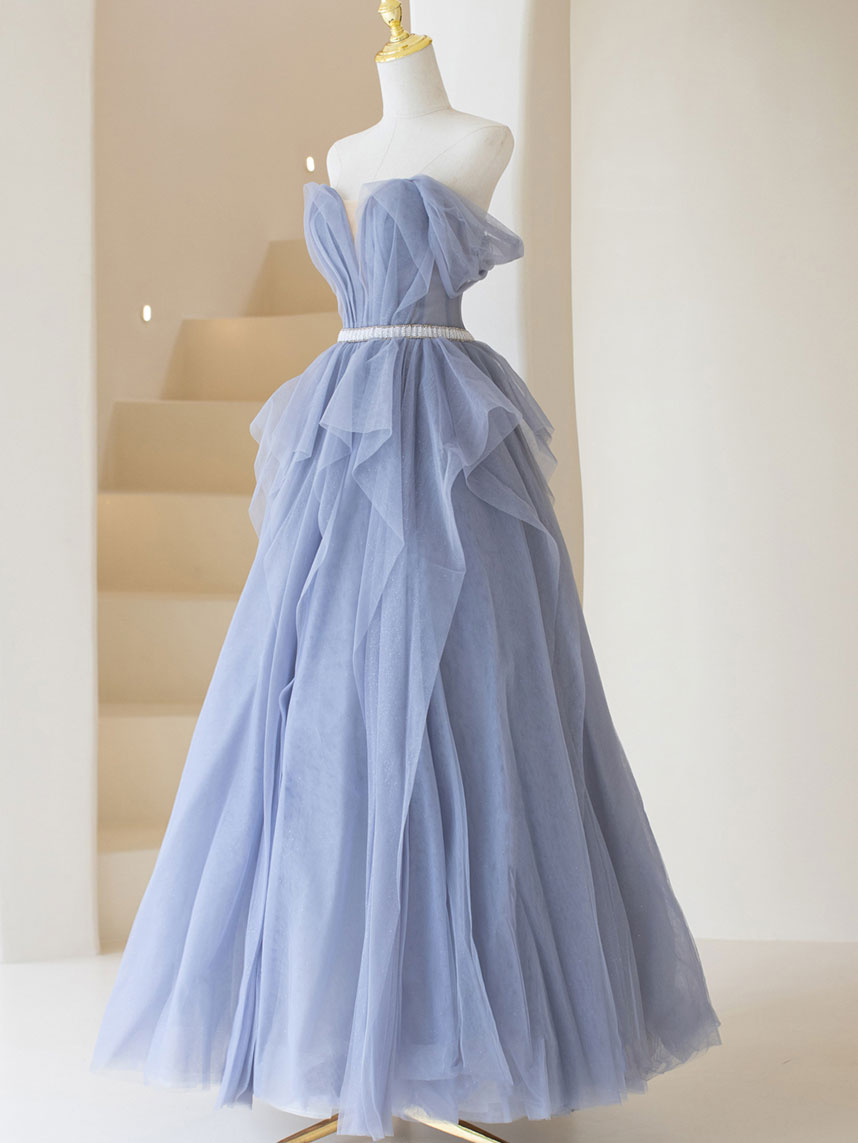 Purple Tulle Off Shoulder Long Prom Dress, Purple Formal Evening Dresses