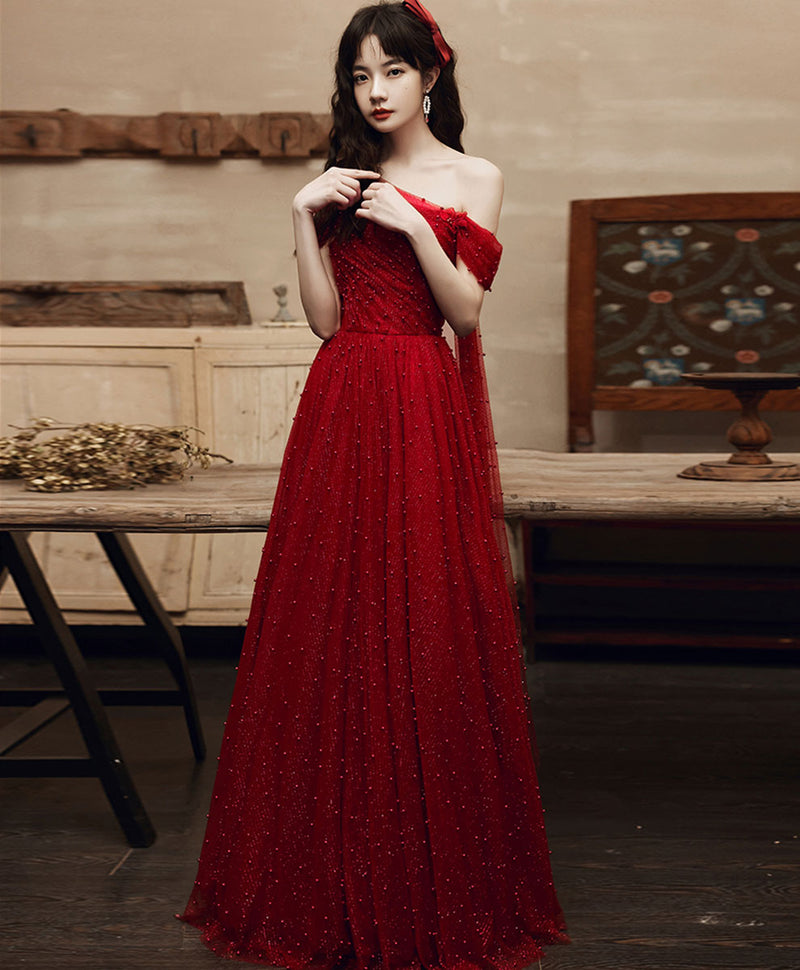Burgundy One Shoulder Long Prom Dress, Burgundy Formal Graduation Dres shopluu Burgundy One Shoulder Long Prom Dress, Burgundy Formal Graduation Dres shopluu