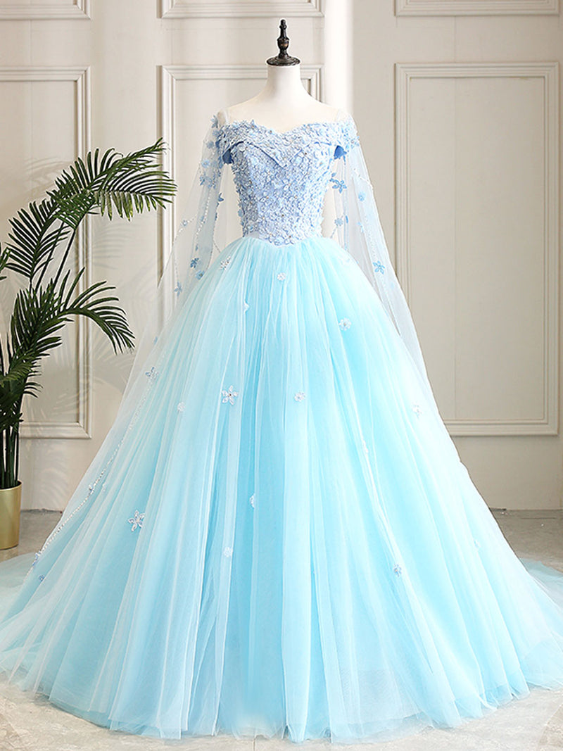 Blue Sweetheart Neck Tulle Lace Long Prom Dress, Blue Evening Dress – shopluu