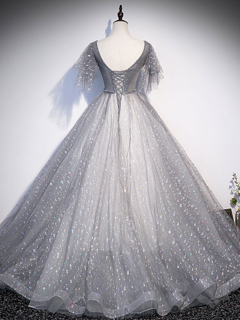 Gray V Neck Tulle Long Prom Dress, Gray Tulle Sequin Evening Dress US 2 / Custom Color