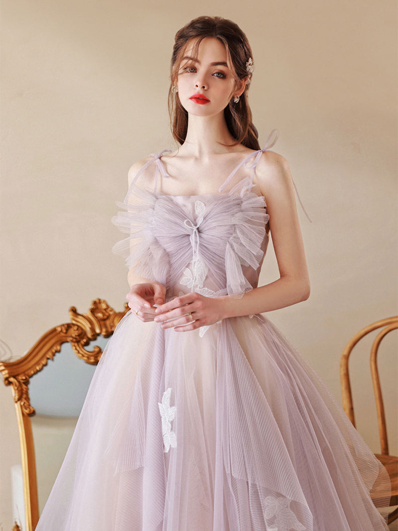 light purple graduation dress A-Line Lilac Tulle Long Prom Dress Elegant V-neck Graduation Dress, GP155 jkprom