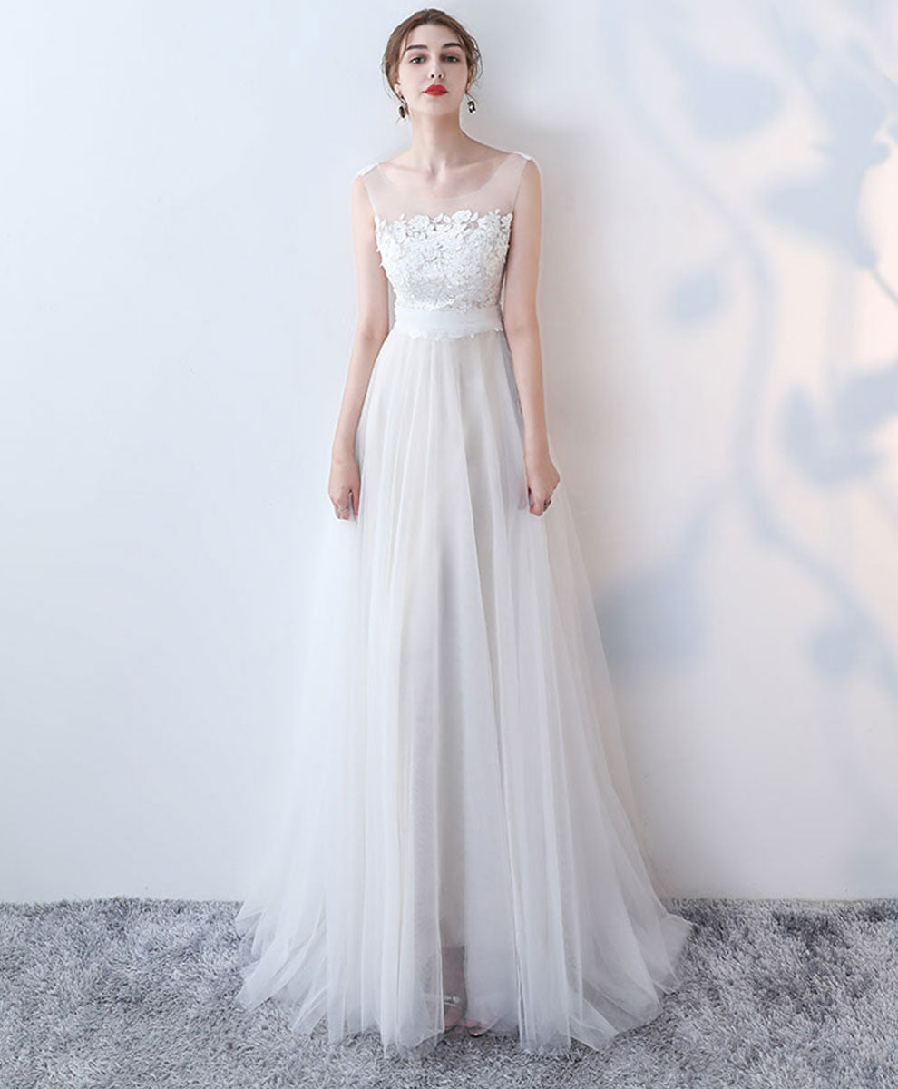 White Round Neck Tulle Lace Long Prom Dress White Formal Dress