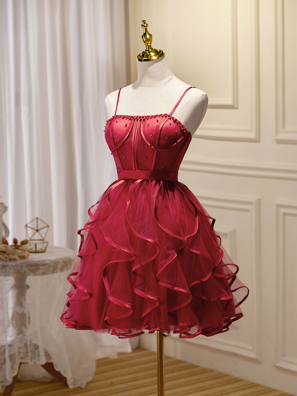 Mini/Short Burgundy Prom Dress, Puffy Cute Burgundy Homecoming Dress