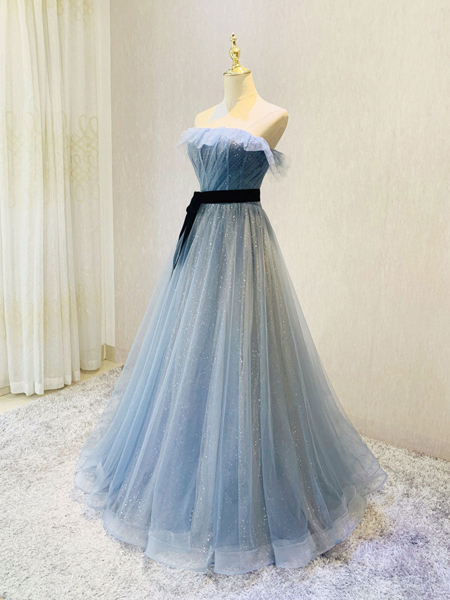 Blue Tulle Sequin Long Prom Dress, Blue Tulle Formal Dress