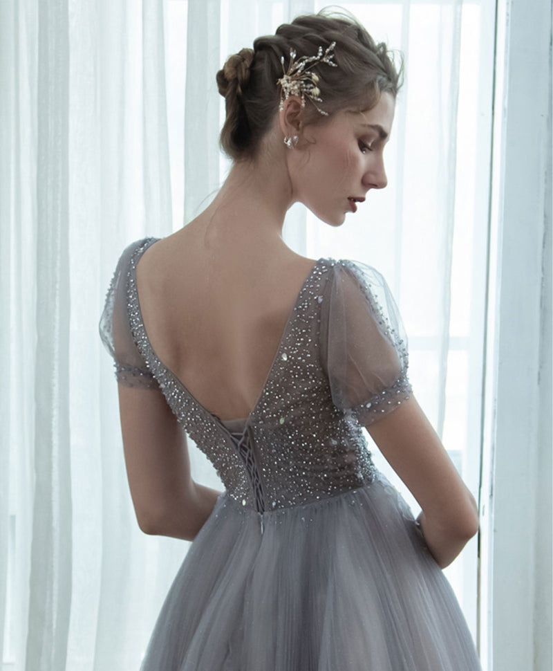 Gray V Neck Tulle Sequin Long Prom Dress, Gray Formal Graduation Dress with Beading US 6 / Gray(As Picture) Gray V Neck Tulle Sequin Long Prom Dress, Gray Formal Graduation Dress with Beading US 6 / Gray(As Picture)