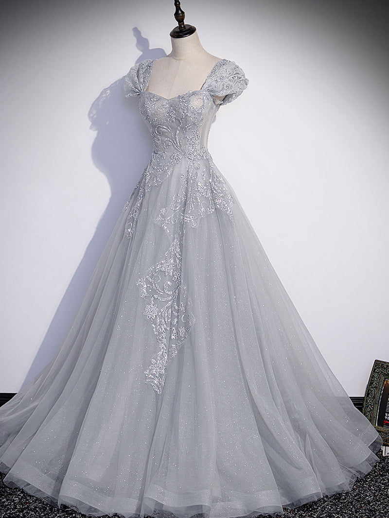 gray formal dress for wedding Gray Sweetheart Neck Tulle Lace Long Prom Dress, Gray Evening Dress Custom Size / Gray