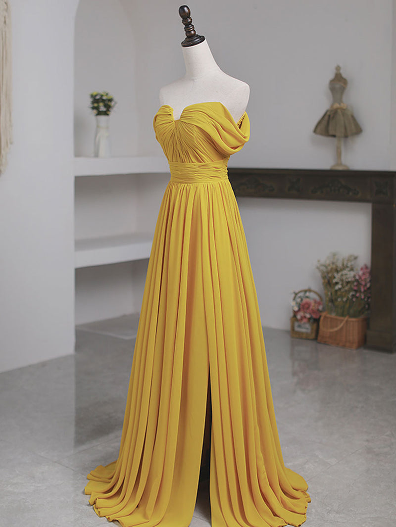 Yellow Chiffon Long Prom Dress, A-Line Off The Shoulder Evening Dress US 4 / Custom Color Yellow Chiffon Long Prom Dress, A-Line Off The Shoulder Evening Dress US 4 / Custom Color