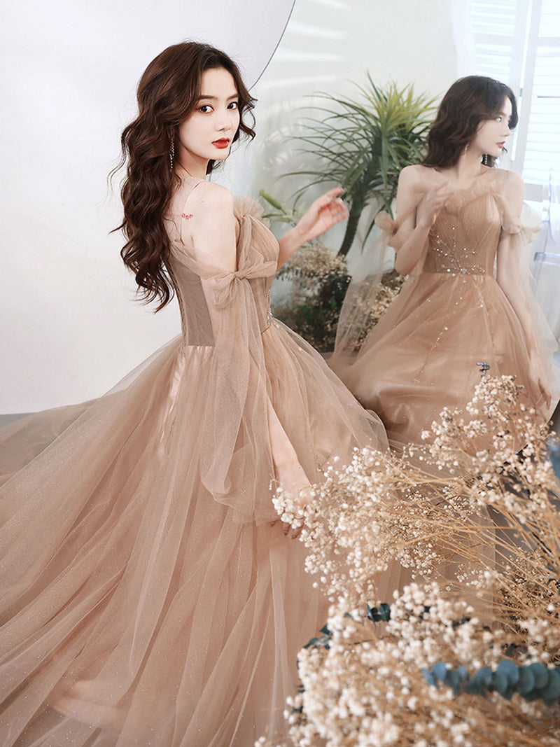 A Line Tulle Beads Champagne Long Prom Dress, Champagne Graduation Dresses US 4 / Champagne A Line Tulle Beads Champagne Long Prom Dress, Champagne Graduation Dresses US 4 / Champagne