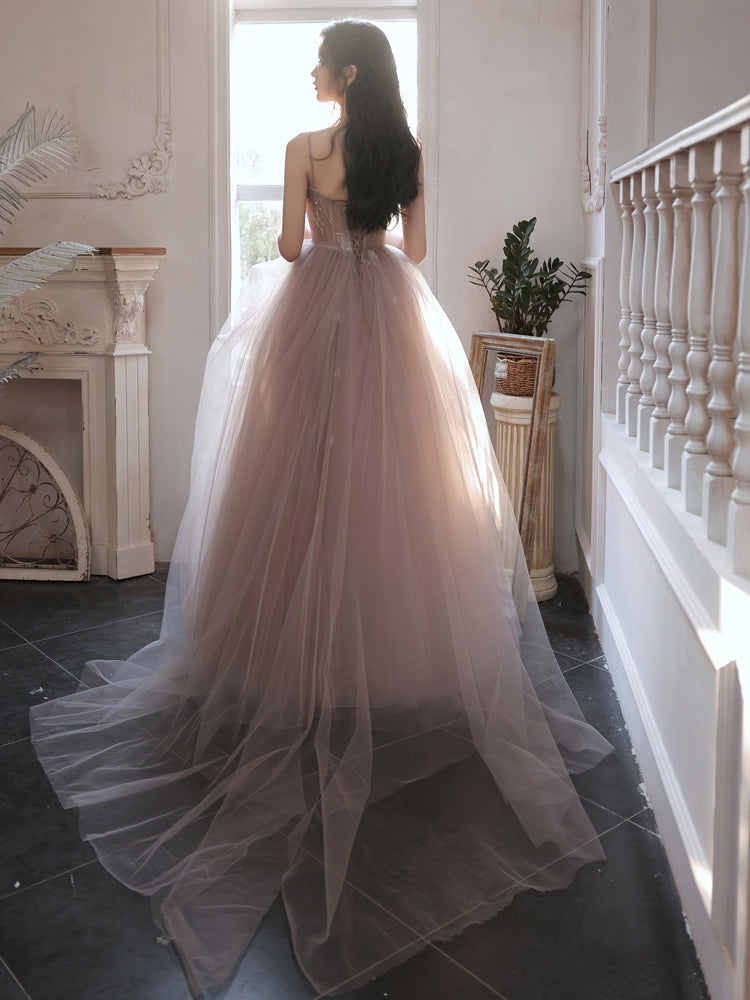 Pink Tulle Long Prom Dress, Pink Tulle Sweet 16 Dress