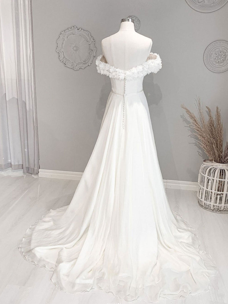 White Off Shoulder Flowers Long Wedding Dress, White Beach Wedding Dress Custom Size / White White Off Shoulder Flowers Long Wedding Dress, White Beach Wedding Dress Custom Size / White
