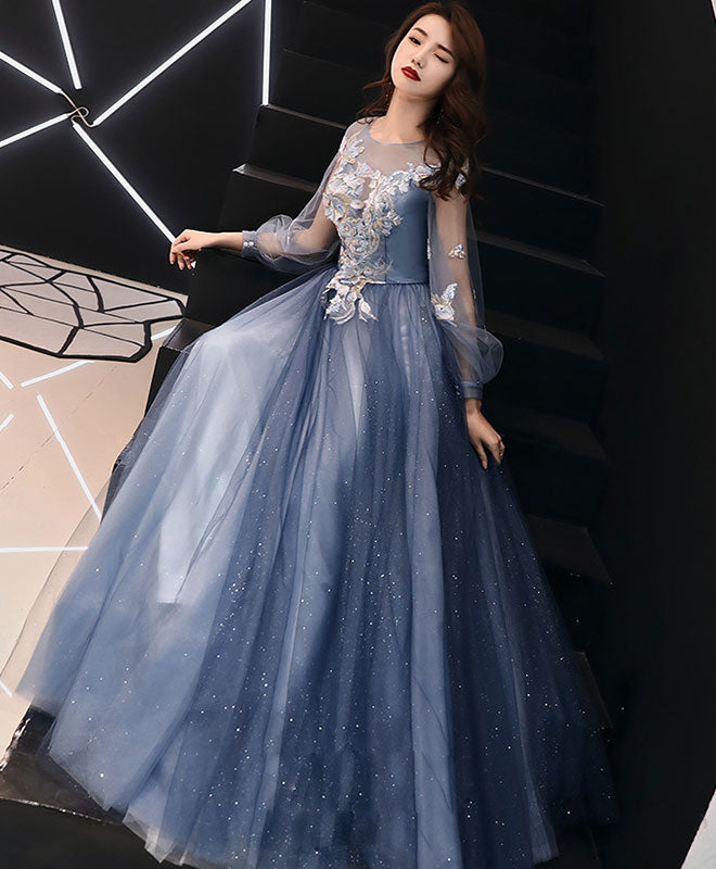 Blue Round Neck Tulle Lace Long Prom Dress Blue Formal Dress