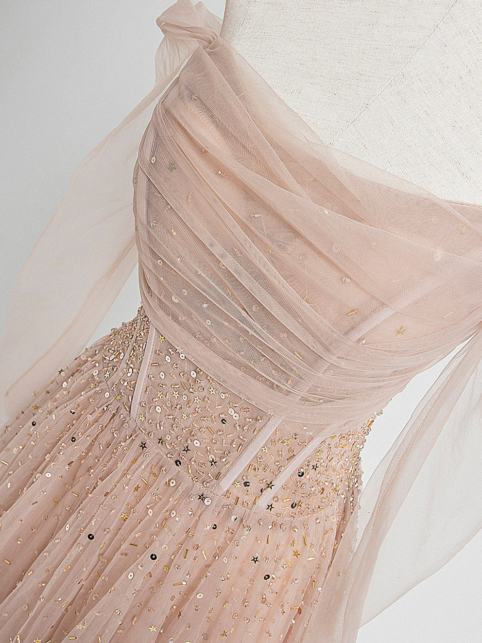 Champagne Pink Tulle Beads Long Prom Dress Champagne Evening Dress