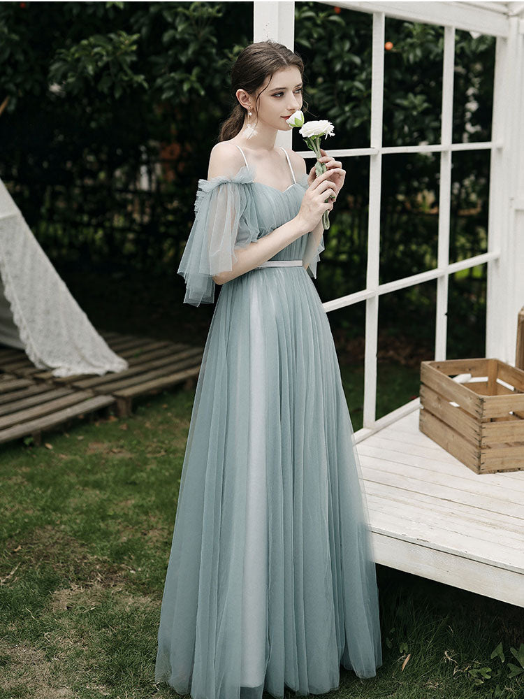 Simple A line Green Tulle Long Prom Dress, Green Tulle Bridesmaid Dresses