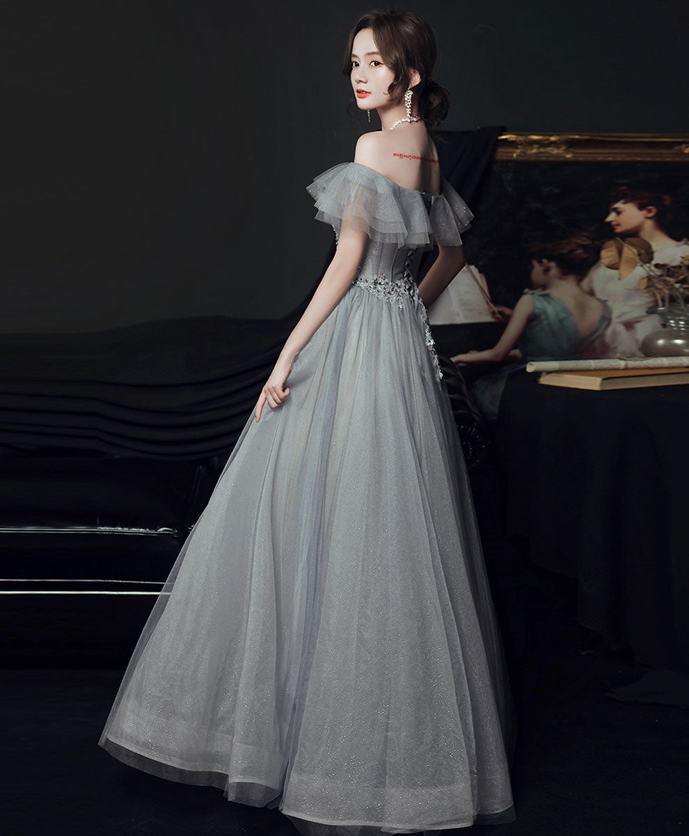 Gray Sweetheart Tulle Lace Long Prom Dress, Gray A line Formal Graduation Dress