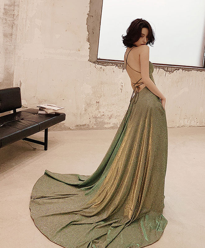 A-Line Backless Green Long Prom Dress, Green Long Evening Dress