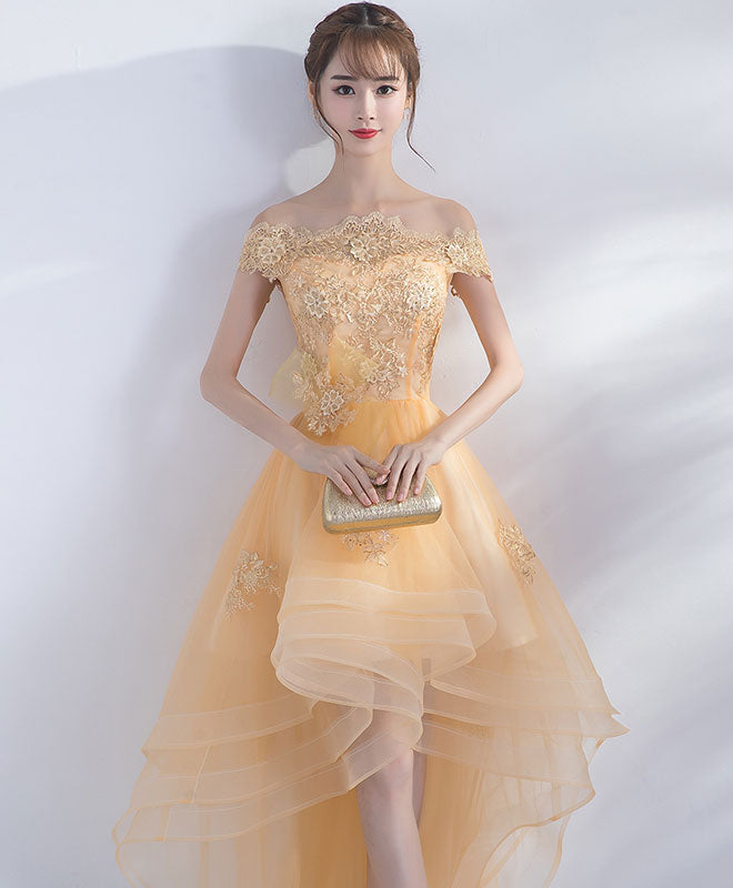 Champagne Tulle Lace Short Prom Dress, Champagne Homecoming Dresses
