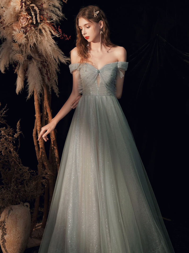 Gray Green Tulle Off Shoulder Sequin Long Prom Dress, Tulle Formal Graduation Dresses US 10 / Gray Green(As Picture)