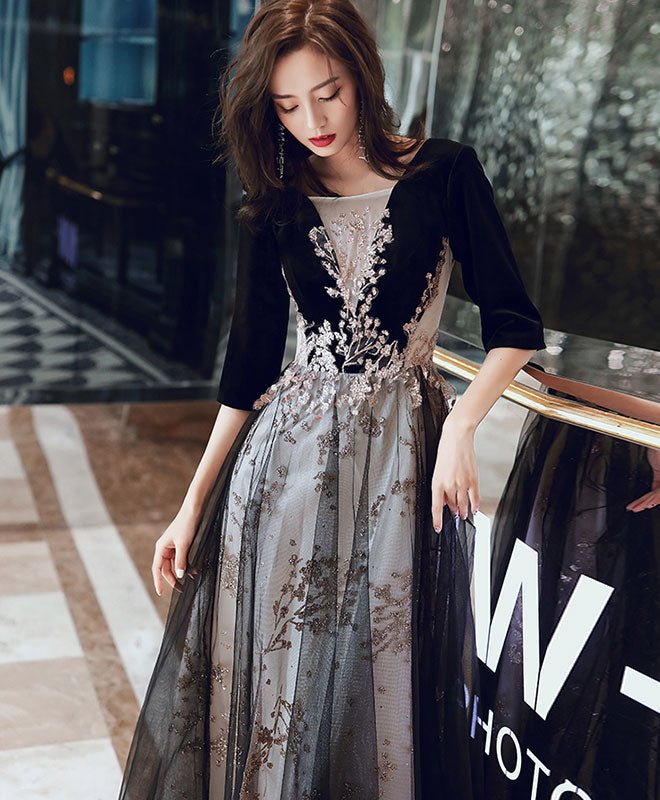 Black Round Neck Tulle Long Prom Dress Black Evening Dress